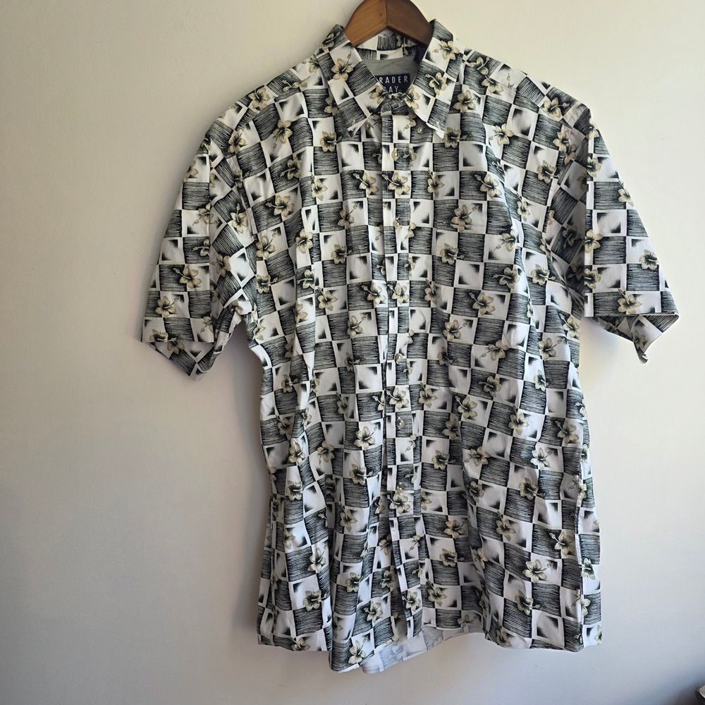 VTG Trader Bay 90s Y2K Large Cotton Hibiscus Floral Checkered Button Down Shirt
